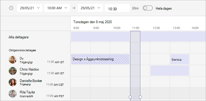 Skärmbild av schemaläggningsassistentens tidszonsvy i Teams