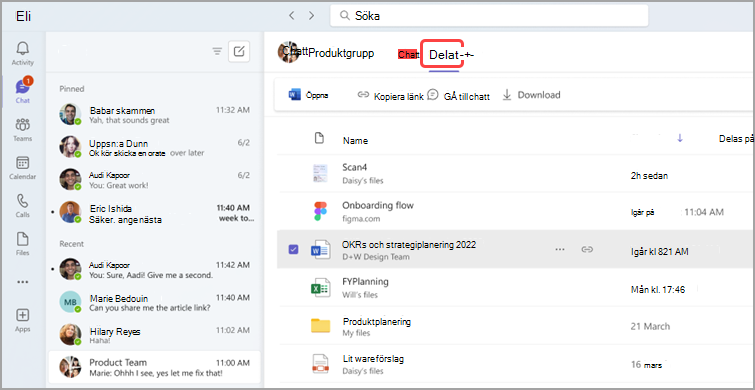 Ett chattfönster på arbetsplatsen med de senaste meddelandena, delade filer och deras information, inklusive namn, beskrivningar och tidsstämplar.