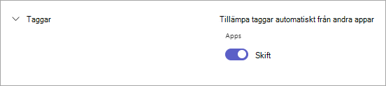 Växlingsknappen Shifts i Teams-inställningarna för arbetspassbaserade taggar i Teams.