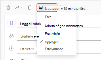 Skärmbild av den nedrullningsbara menyn för Visa som status i ett Teams-möte.