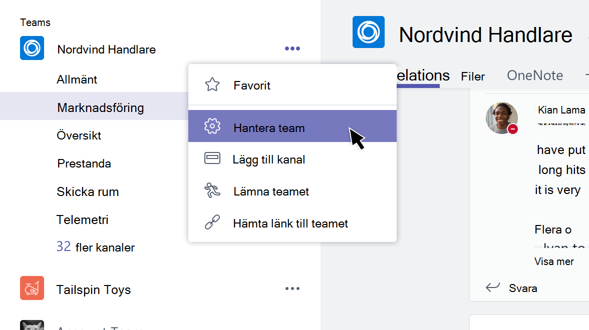 Team-menyn med Hantera team markerat