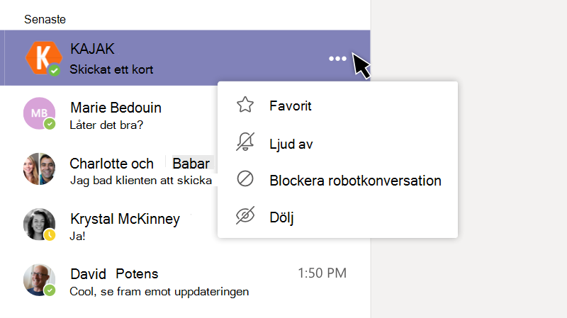 Bot-menyn med alternativet Stäng av ljud