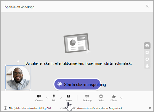 Skärmbild av alternativet för att starta skärminspelning i Microsoft Teams.