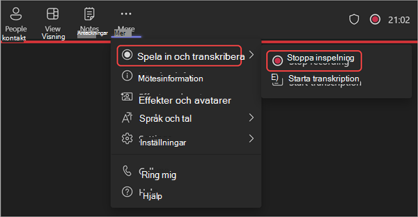 Skärmbild som visar hur du stoppar inspelningen under ett webbseminarier