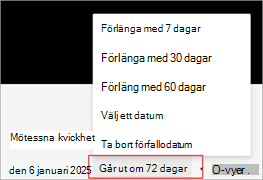Skärmbild som visar hur du förlänger ett utgångsdatum för en inspelning i Microsoft Stream.