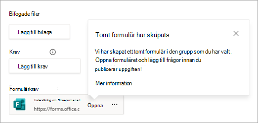 Skärmbild som visar ett nytt formulär som lagts till i en uppgift.