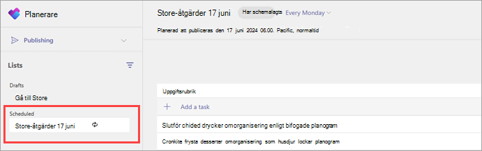 Skärmbild av en lista med återkommande uppgifter i avsnittet Schemalagd på publiceringssidan.