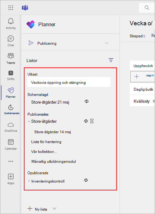Skärmbild som visar avsnitten Utkast, Schemalagd, Publicerad och Opublicerad på publiceringssidan i Planner-appen.