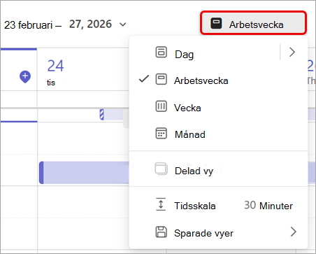 Skärmbild som markerar arbetsveckavyn i Teams-kalendern.