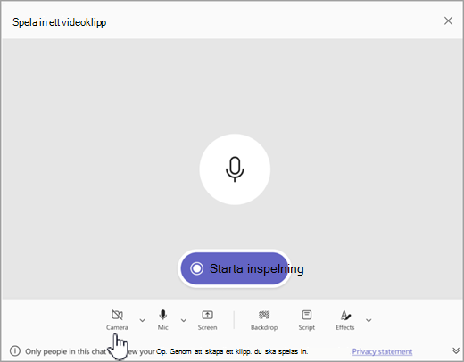 Skärmbild av alternativet att spela in ett videoklipp som bara är ljud i Microsoft Teams.