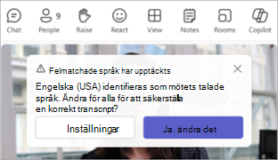 Skärmbild av ett Teams-meddelande som uppmanar dig att uppdatera ett talat mötesspråk.