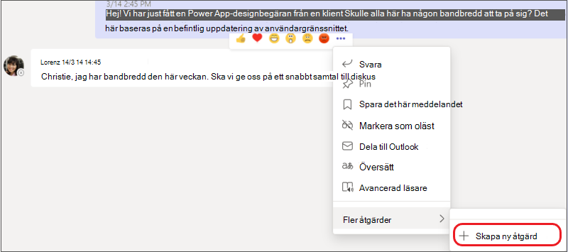 Menyn Fler alternativ med undermenyn Skapa ny åtgärd markerad.