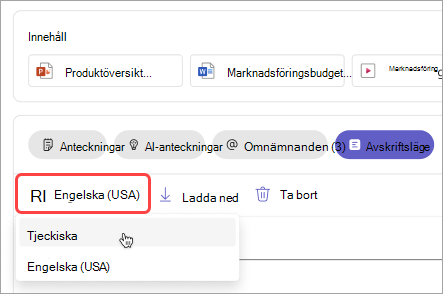 Skärmbild som visar hur du ändrar transkriptionsspråket i sammanfattningen av mötet.