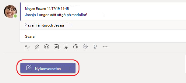 skärmbild av Teams skrivbord med knappen Ny konversation markerad längst ned på skärmen
