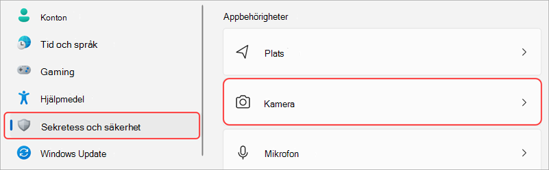 Windows-inställningar med kameragränssnittet markerat.