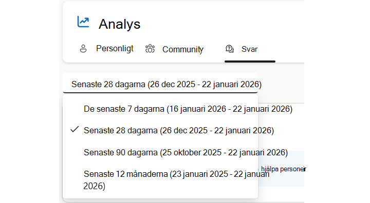 I Svar kan du filtrera efter datumintervall, inklusive anpassade intervall om licensieringen stöder det.