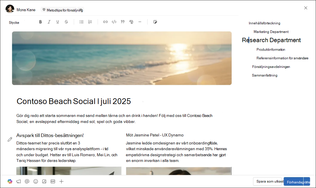 En innehållsförteckning visas automatiskt för innehållsskapare som använder fler än två rubriker i en artikel för ett inlägg.
