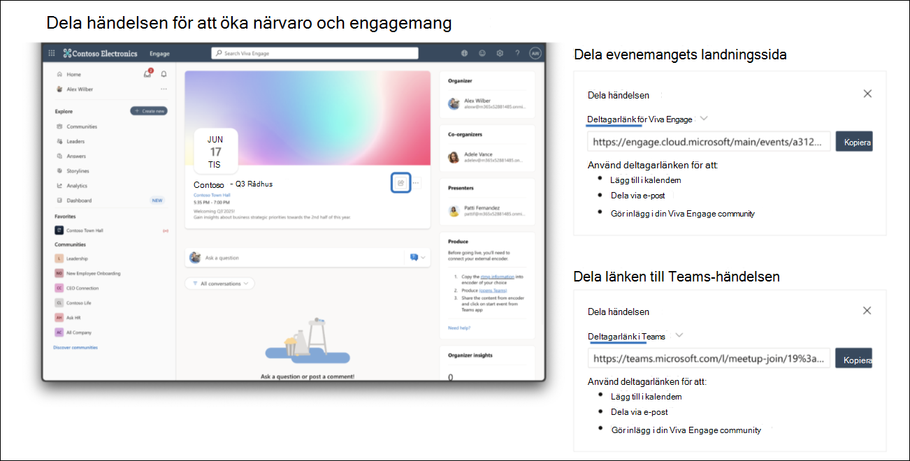 Dela händelsens länk eller evenemangets landningssida