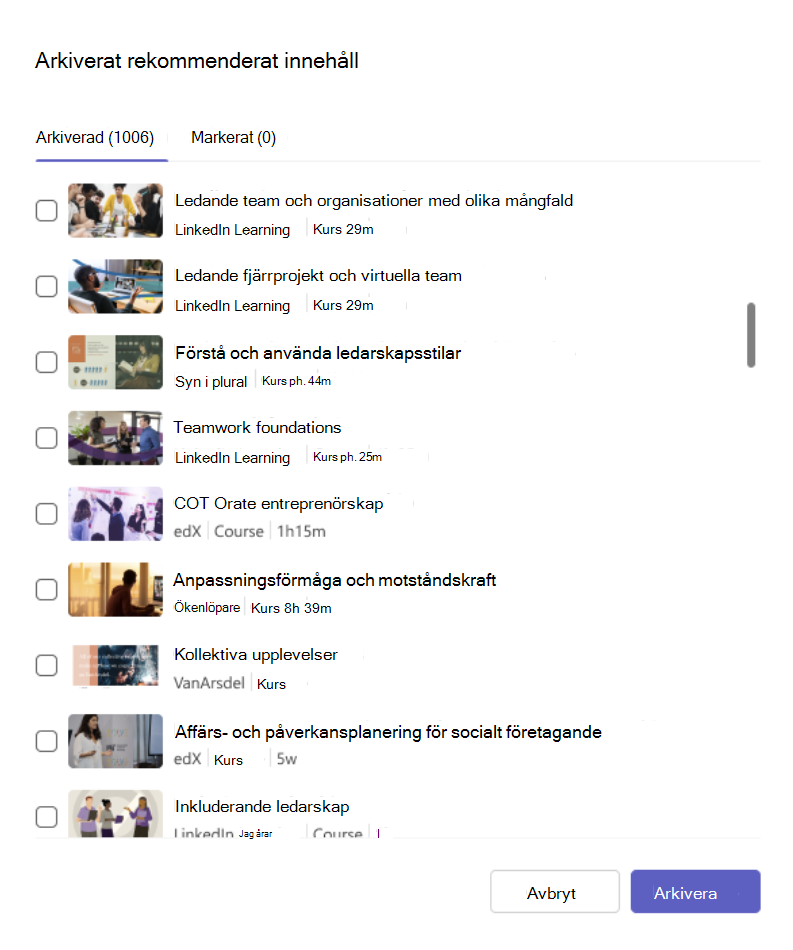 En lista över dina arkiverade kurser med möjlighet att ta bort dem från arkivet