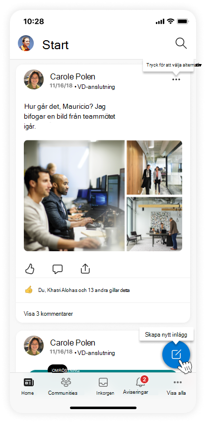 Bild av startskärmen i mobilappen Viva Engage