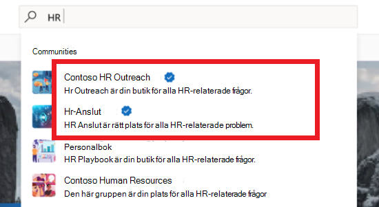 Bild av sökresultat som visar en blandning av officiella och inofficiella communityn
