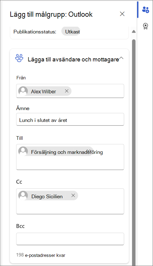 Skärmbild av fältet Till i Outlook med en e-postadress som väljs.