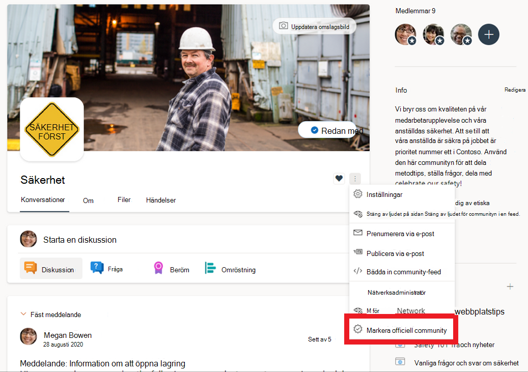 Bild av en meny med alternativet Markera officiell community markerat