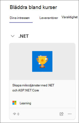 Skärmbild av Viva Learning med fliken Dina intressen markerad i Bläddra bland kurser