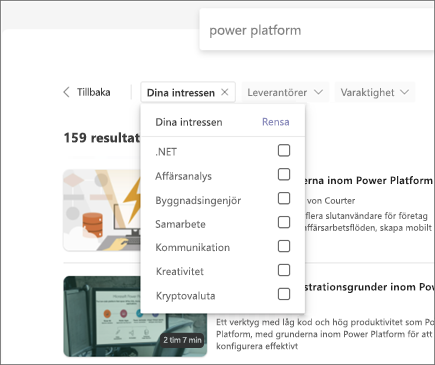 Skärmbild av Viva Learning med filtret Dina intressen markerat för innehåll under sökfältet.