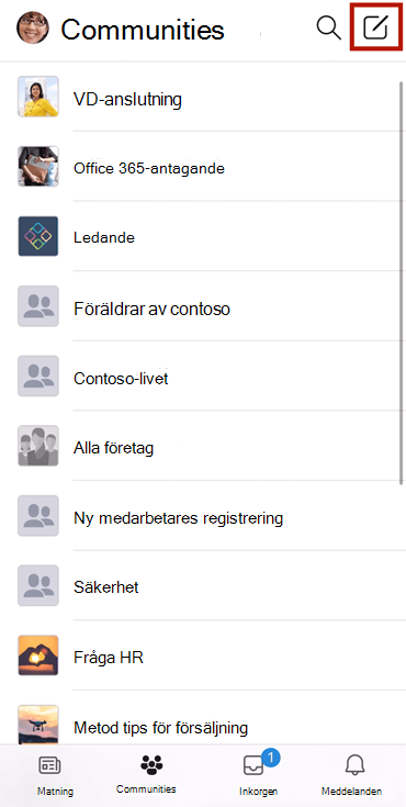 Skärmbild som visar en konversation som skapas i en Yammer-community med mobilappen