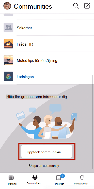 Skärmbild som visar hur du hittar Yammer-communities på mobilen med markering