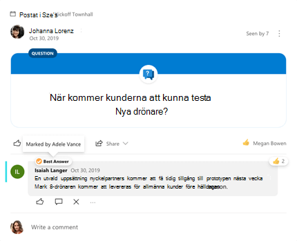 Det bästa svaret markerad för en Yammer-fråga