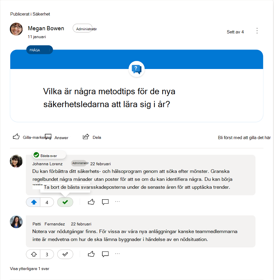 Om du avmarkerar ett bäst svar på en Yammer-fråga