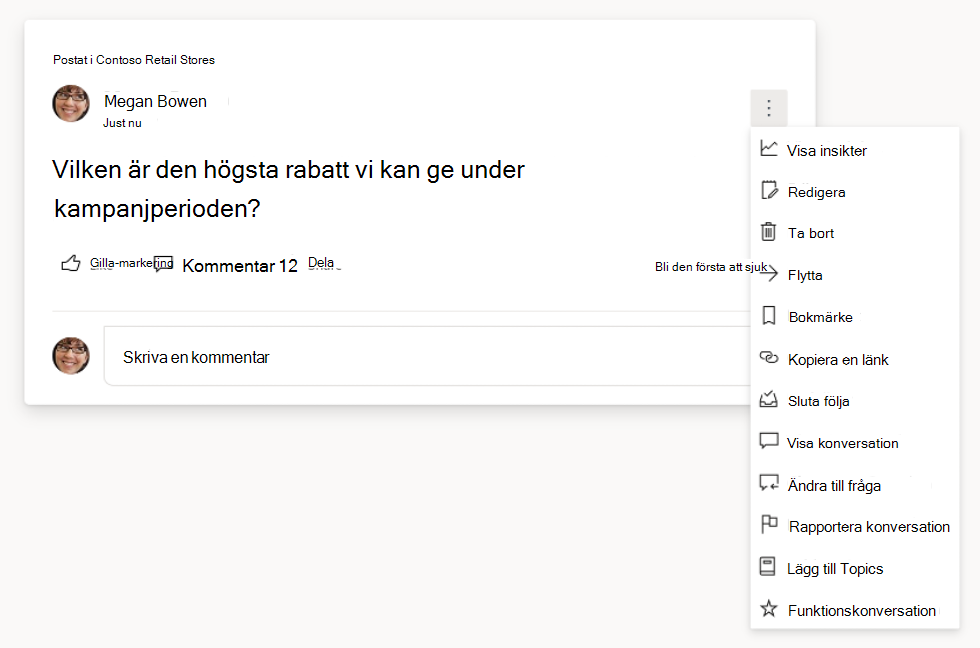 Skärmbild som visar alternativ för frågor och konversationer
