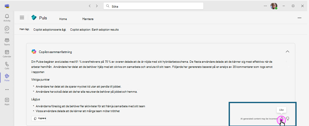 Skärmbild som visar hur användarna kan skicka sin feedback om rapportsammanfattningen som genereras med Copilot
