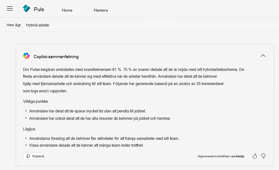 Copilot-genererad sammanfattning för en Viva Pulse-rapport