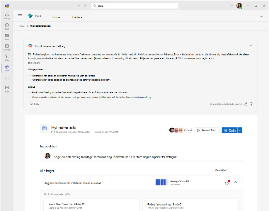 Skärmbild av en Pulse-rapport som visar sammanfattningen som genereras med Copilot
