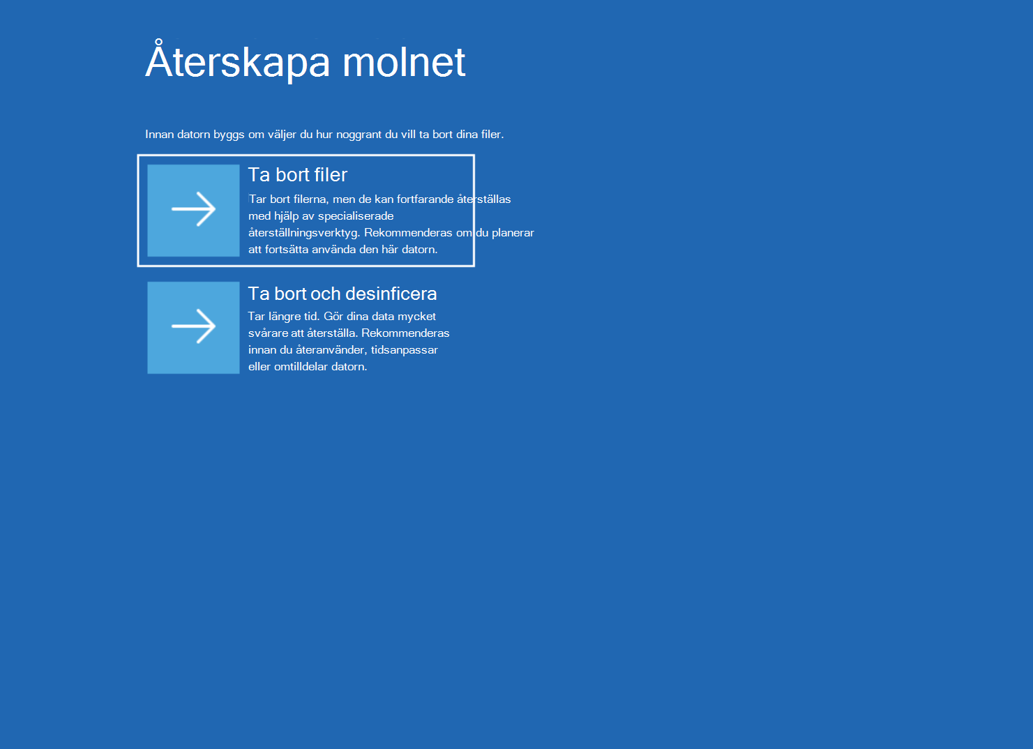 Skärmbild av skärmen Återskapa molnet med alternativen Ta bort filer och Ta bort & sanering.