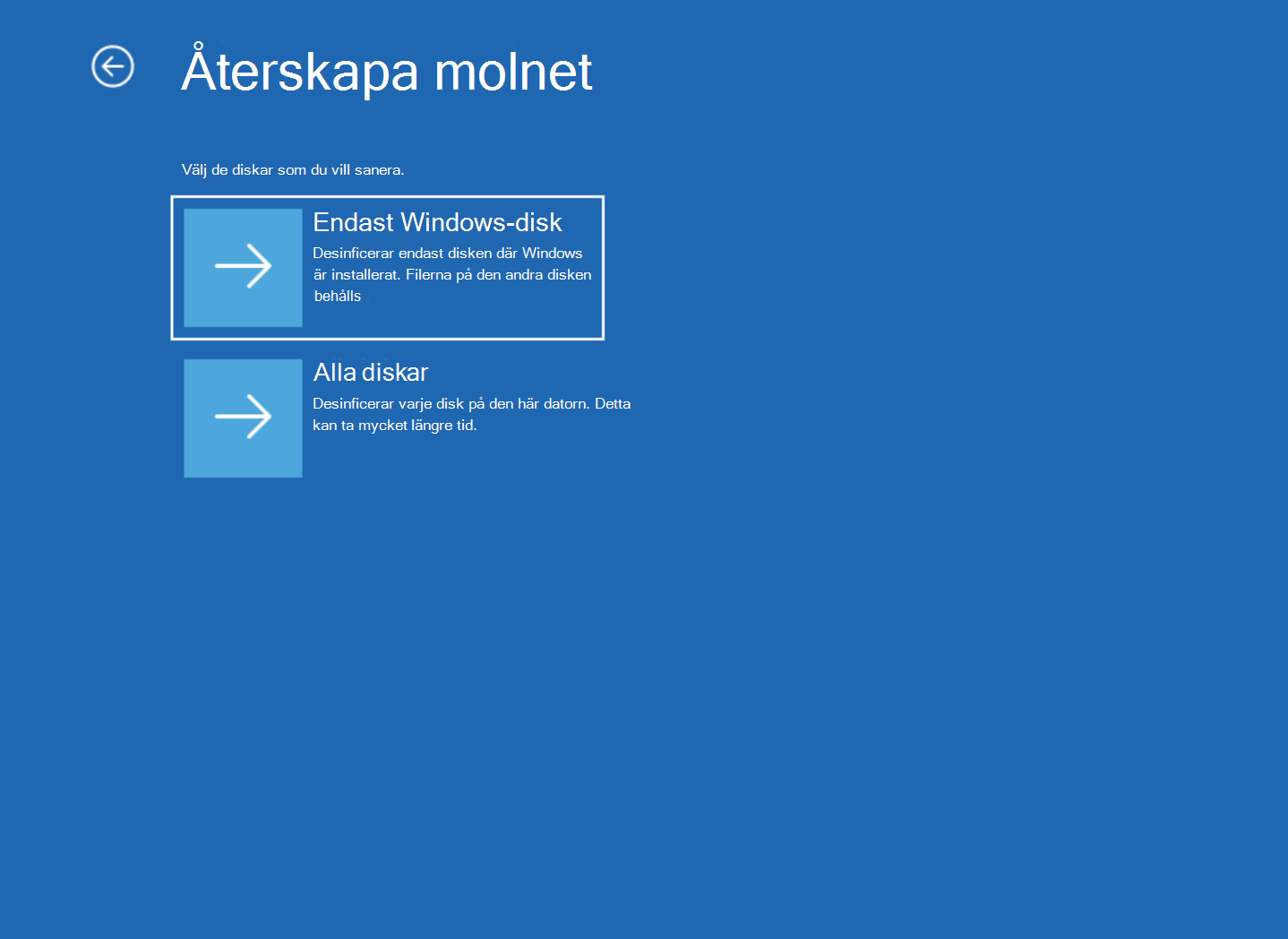 Skärmbild av skärmen Återskapa i molnet med alternativen Endast Windows-disk och Alla diskar.
