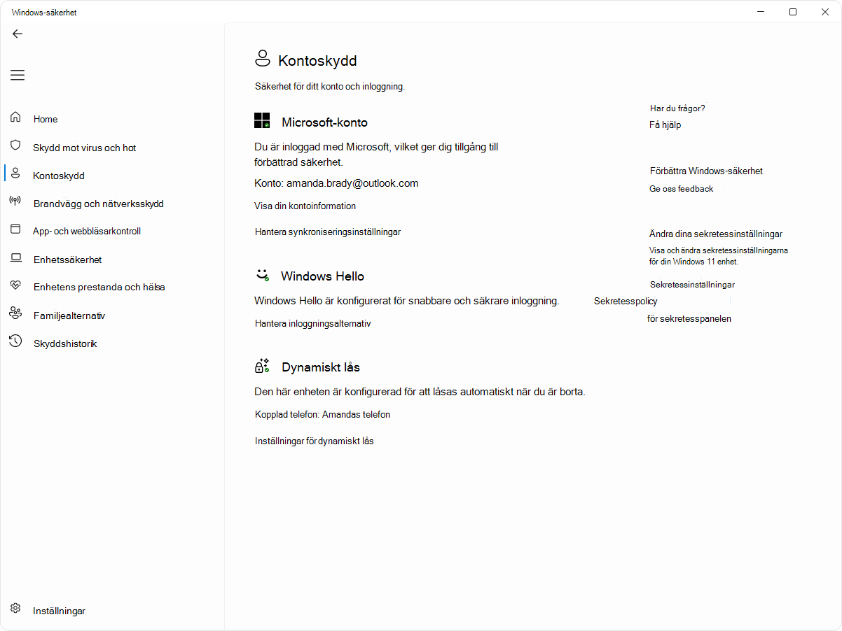 Skärmbild av kontoskyddssidan i appen Windows-säkerhet.
