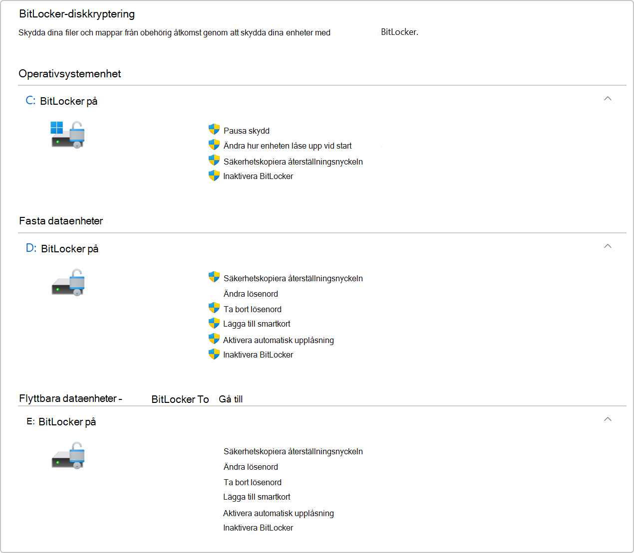 Skärmbild av BitLocker-diskkryptering i Kontrollpanelen.