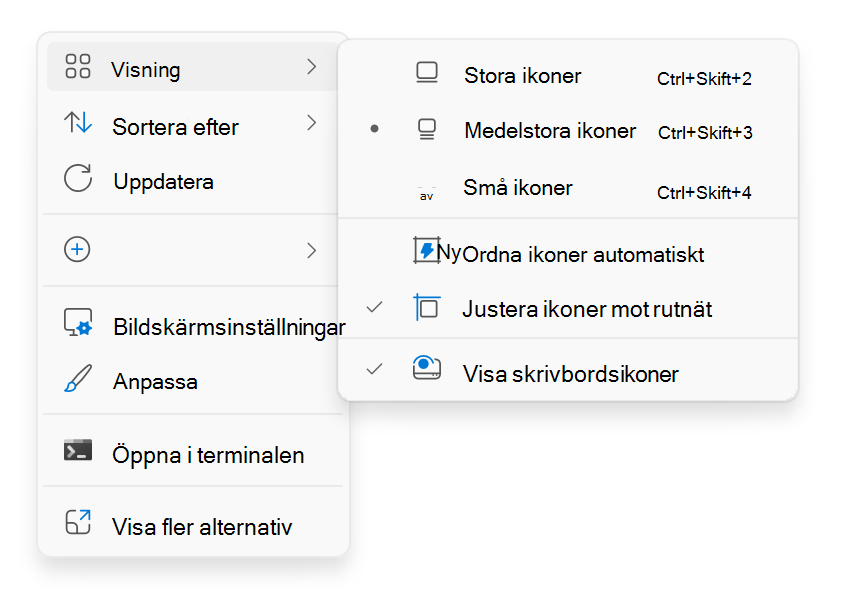 Skärmbild av snabbmenyn på skrivbordet som visas när du högerklickar.