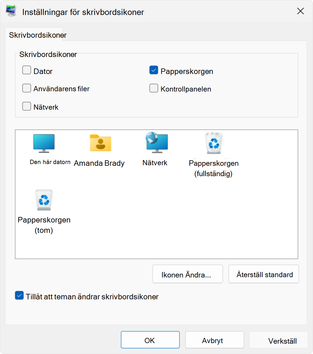 Skärmbild av inställningarna för skrivbordsikoner i Windows.