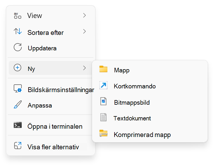 Skärmbild av högerklicka på > Nytt.