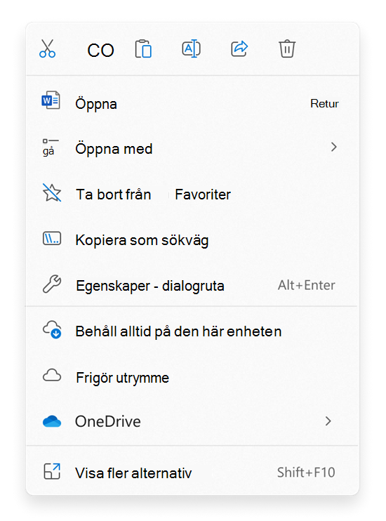 Välj kommandon för filer eller mappar på snabbmenyn Utforskaren högerklickar.