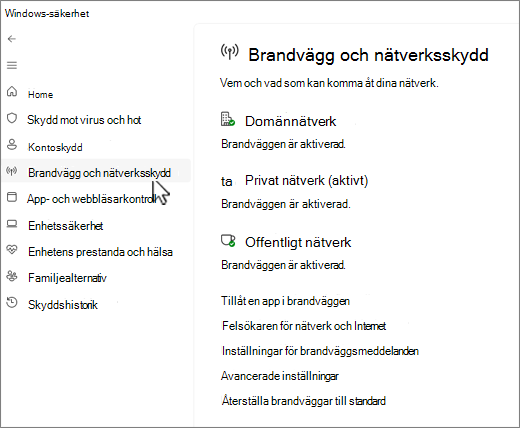 Skärmbild av sidan Brandvägg och nätverksskydd i appen Windows-säkerhet.