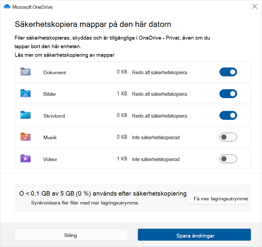 Skärmbild av Säkerhetskopia av OneDrive i Windows 10.
