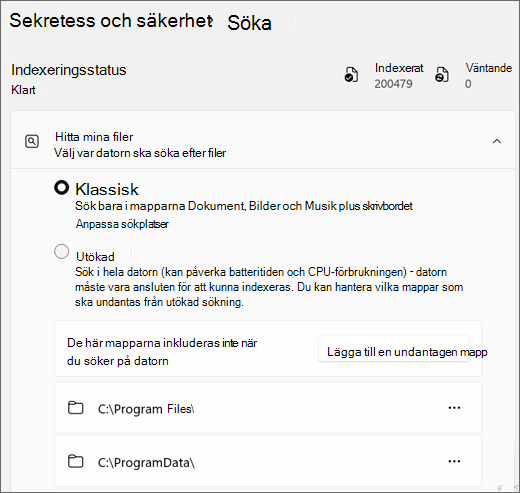 Skärmbild som visar Inställningar för Windows Search.