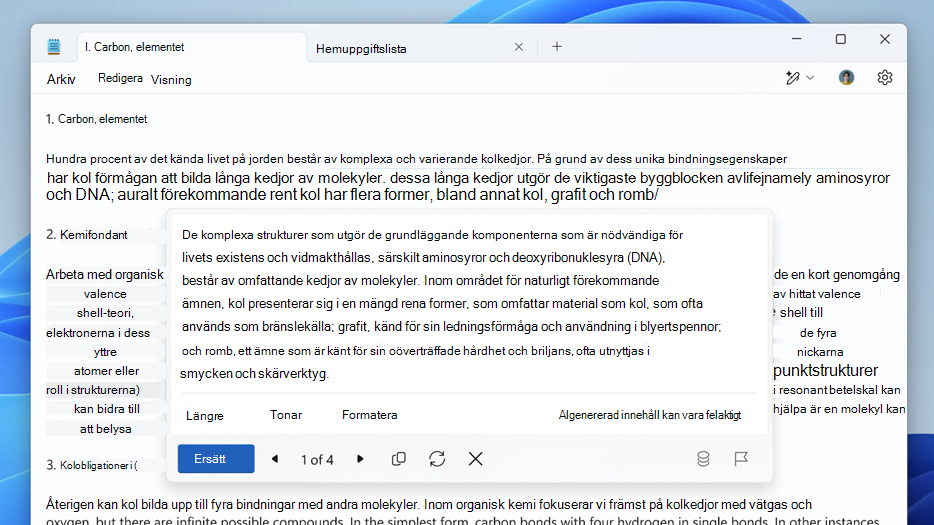 Skärmbild av Cowriter i Anteckningar som visar alternativen för omskrivning