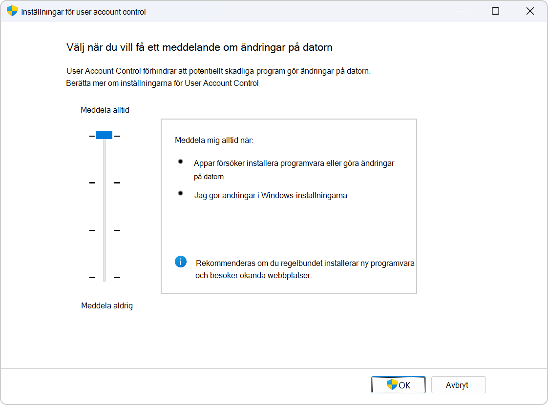 Screenshot of the settings to configure UAC.